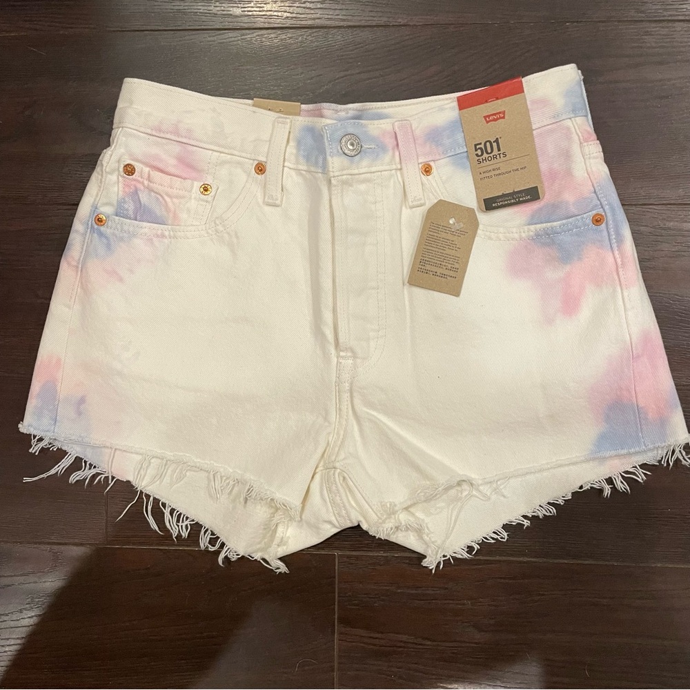 Levi's 501 White Jean Shorts with Pink and Blue Tie Dye